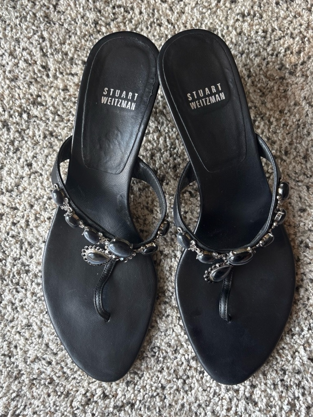 Stuart Weitzman Black Jeweled T-Strap Sandals